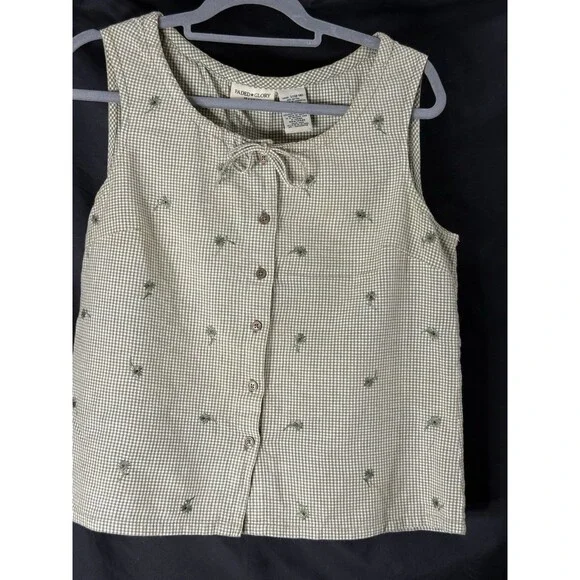 Faded Glory Gingham Grn/Wht Button Up W/Tie Frnt Embroidered Floral Motifs Sz 12 - Picture 1 of 10